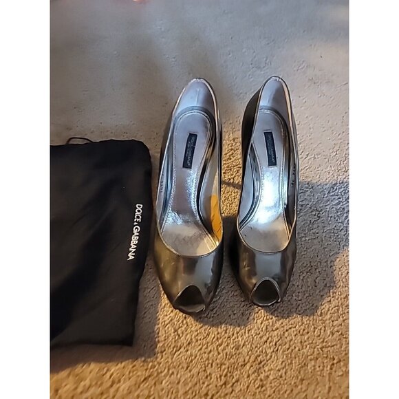 Dolce & Gabbana Italy Pewter Metallic Leather Heel Open Toe Pump, 38.5 - Picture 6 of 15